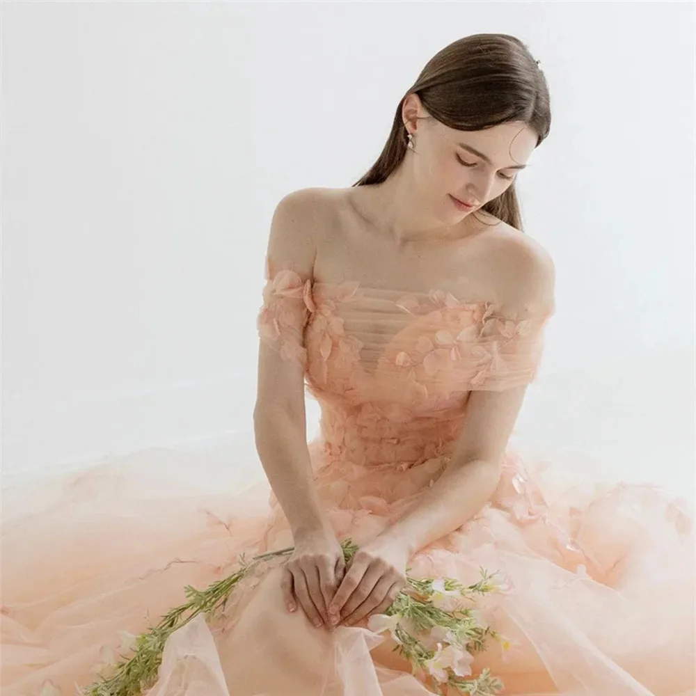 Fairy Peach Pink Tulle Korea Lady Long Prom Dresses For Weding Photoshoot 3D Flowers Evening Gowns Wedding PhotoshootML-023