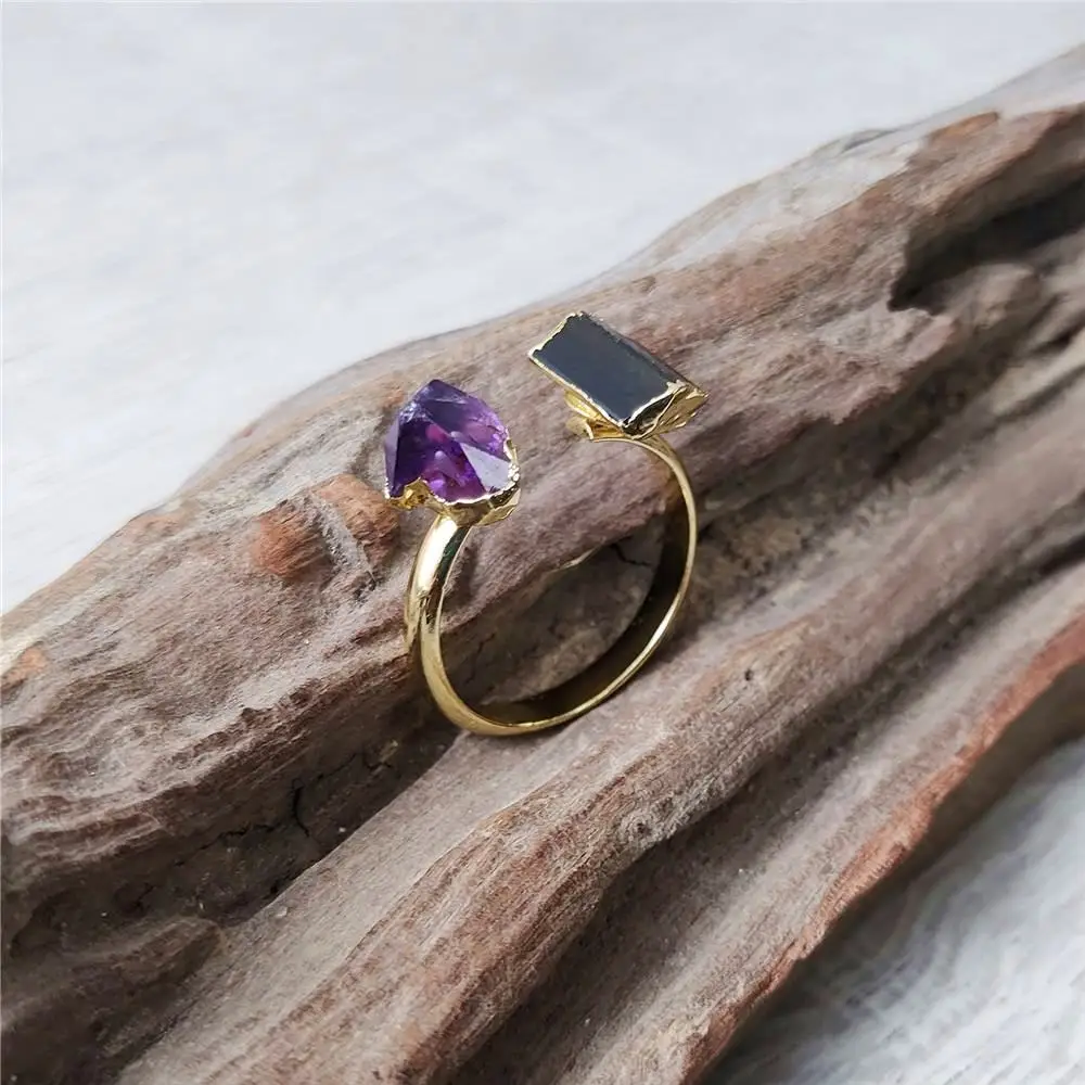 FUWO Wholesale Natural Black Tourmaline And Amethysts Rings,Double Stone Design Golden Plated Jewelry For Women RG056 5 Pcs/Lot