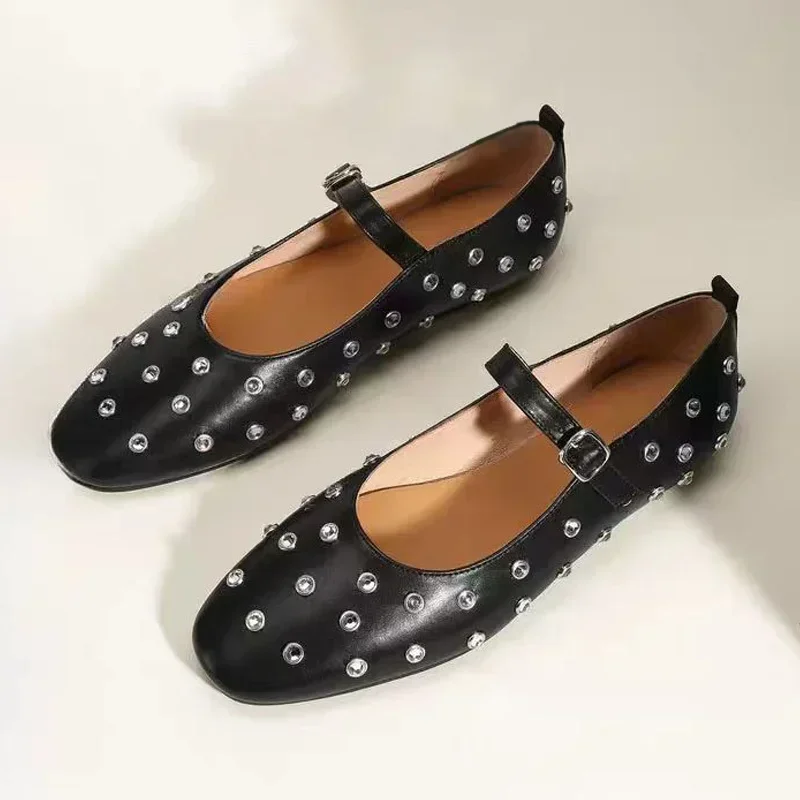 2024 Autumn Brand Women's Mary Jane Shoes Shiny Rhinestones Round Toe Low Heel Shallow Black Ladies Outdoor Ballet Flats