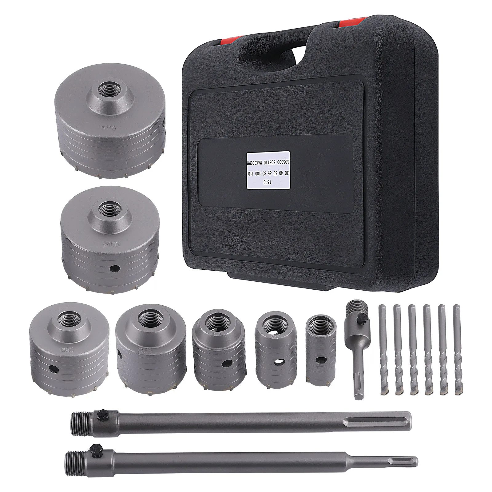

Concrete Core Bit Set 16Pcs Carbide Hole Saw for Brick Wall 30-110mm SDS Plus