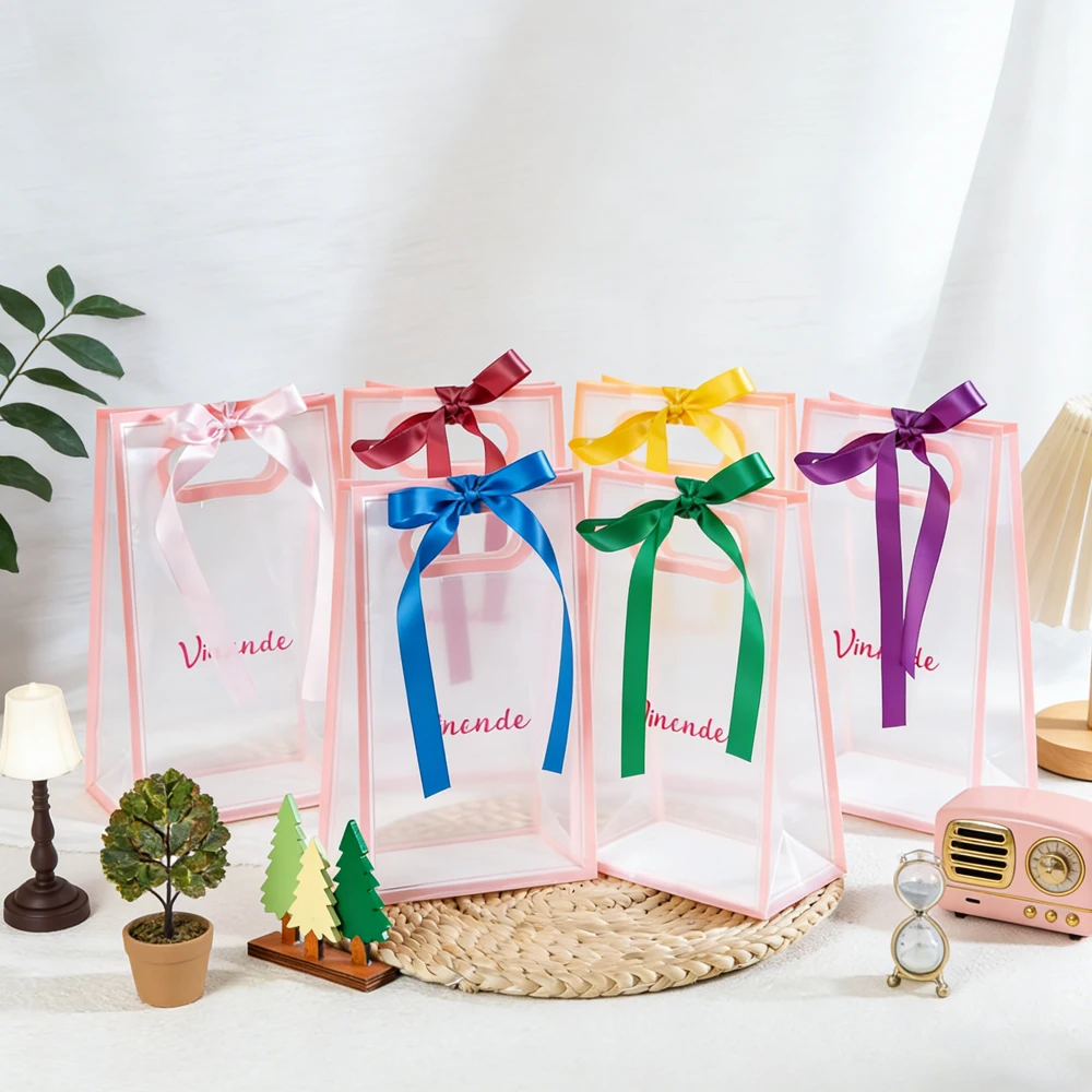 

20Pcs Custom Logo Transparent PP Plastic Tote Bag Plastic Shopping Waterproof PVC Hand Gift Bags Wedding Jewelry Candy Storag