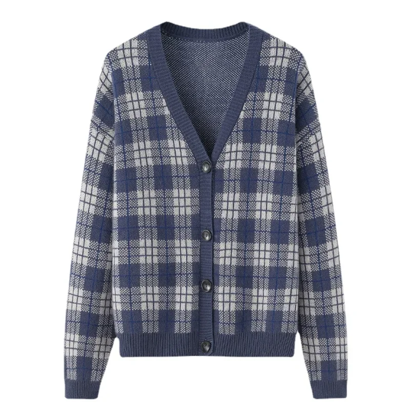 

Plaid Retro 100% Cashmere Sweater Cardigan Women Winter Warm Soft High Quality Cardigan Feminino Sweater Blue Knitted