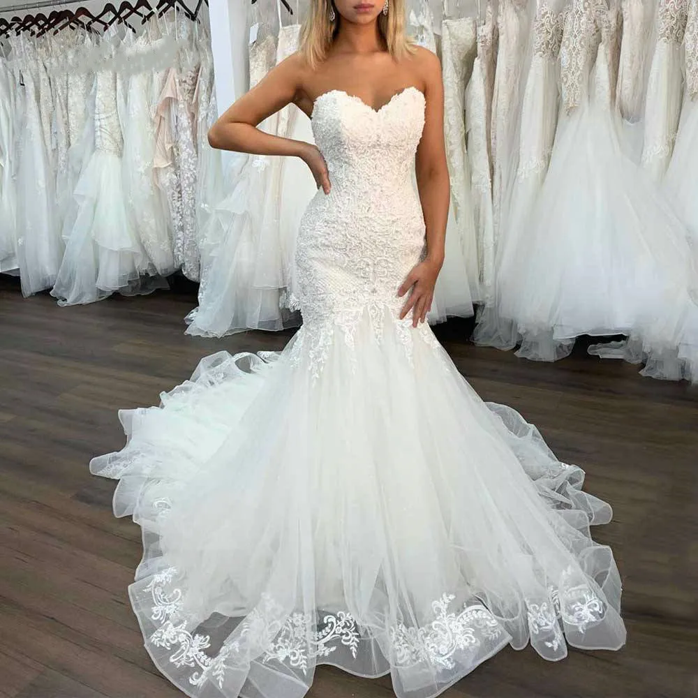 

ANGELSBRIDEP Mermaid Lace Wedding Dresses Vestido De Noiva Applique Sweetheart Plus Size Corset Bride Wedding Gowns Court Train