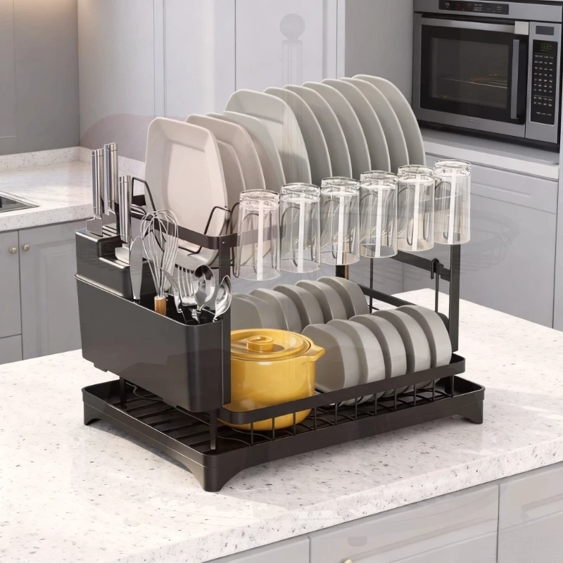 Multifunctional kitchen dish rack, with double-layer partitioned storage, baking paint process for scratch resistance and wear