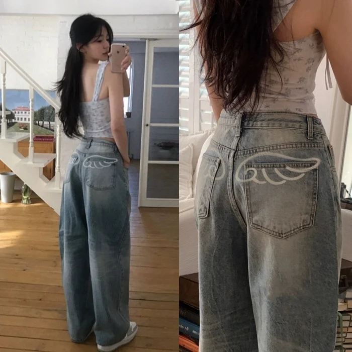 Slimming Vintage Washed Printed Loose Women's Jeans Casual High Waist Blue Denim Casual Loose Fit High Waist Blue Jeans