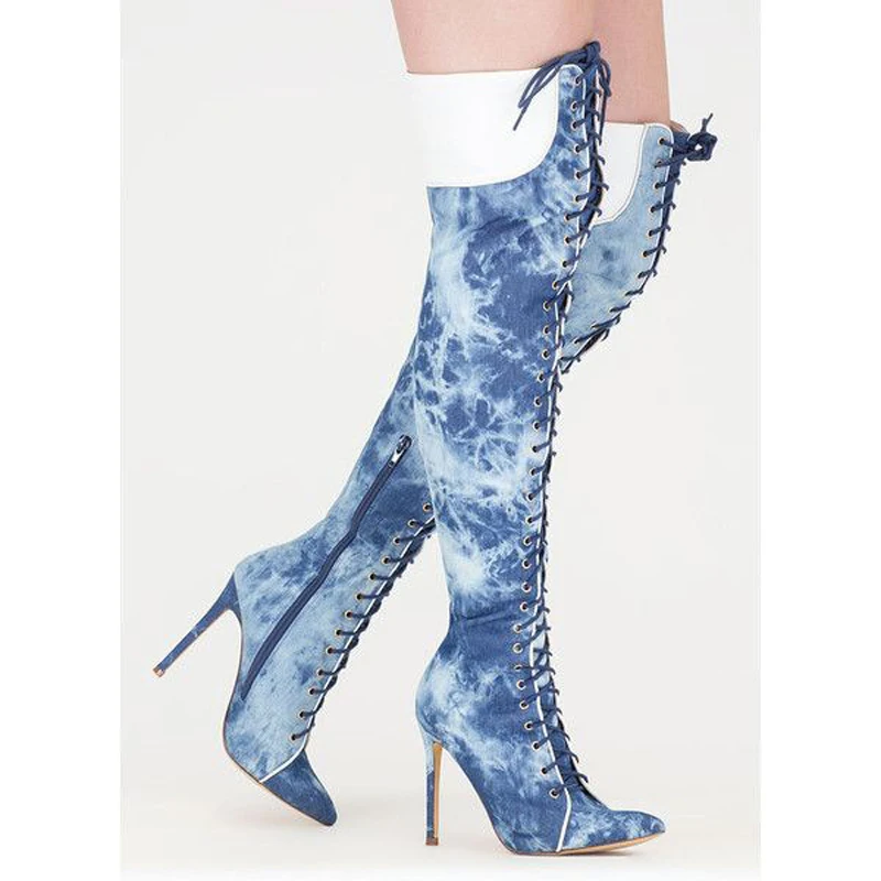 Vintage Distressed Blue Denim Over Knee Boots Patchwork Top Cross Tie Pointed Toe High Heel Knight Boots Zipper Thigh Boots