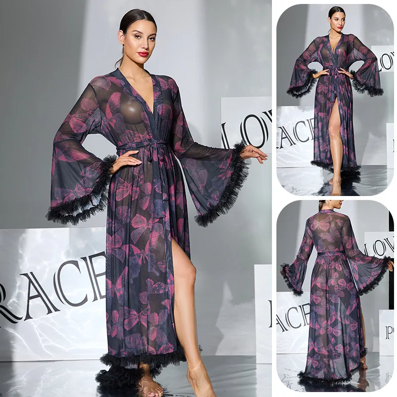 

Women Butterfly Print Mesh Night Robe, Big Flare Sleeve Tie Waist Tassel Raw Edge High Split Bath Loungewear Homewear
