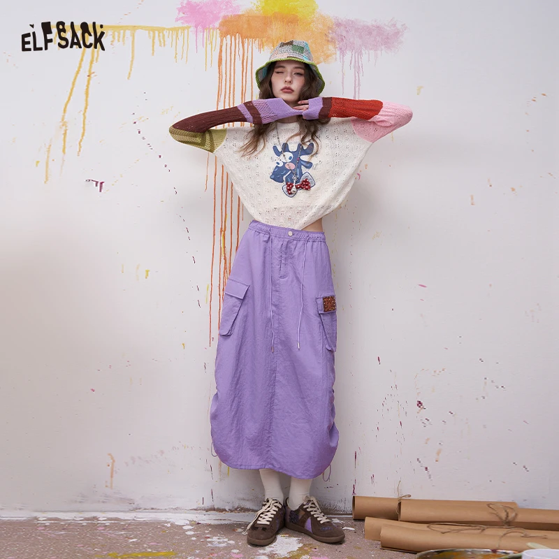 

ELFSACK Streetwear Cargo Midi Skirt with Patch Detail for Women, Kawaii Summer Skirt with Drawstring Waist, Cool Harajuku Outfit