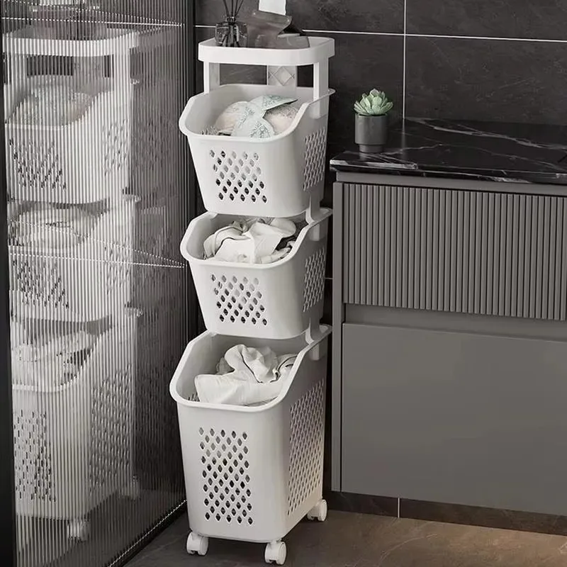 Dirty Clothes Storage Baskets Universal Wheels Design 3 Layers Hollow-Out Household Classification Laundry Basket Home Container