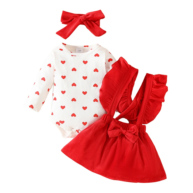 0-18M Newborn Baby Girl Valentine\'s Day Clothes Heart Print Long Sleeve Romper with Suspender Skirt and Bow Headband Outfit