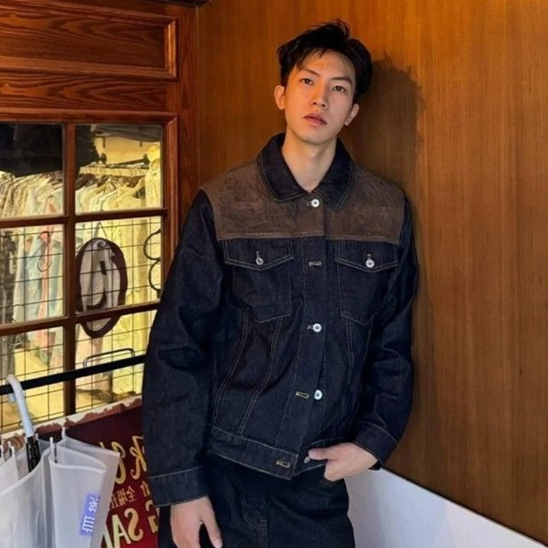 Men's Color Block Denim Jacket Spring Autumn Lapel Short Workwear Coat Retro Casual Structured Shoulder Streetwear
