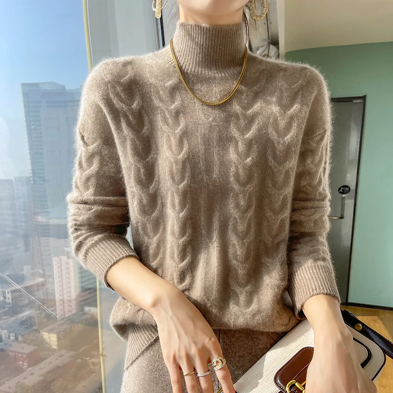 Double thick cashmere sweater women's 100 pure cashmere autumn and winter new semi-turtle neck knitted bottoming loose top