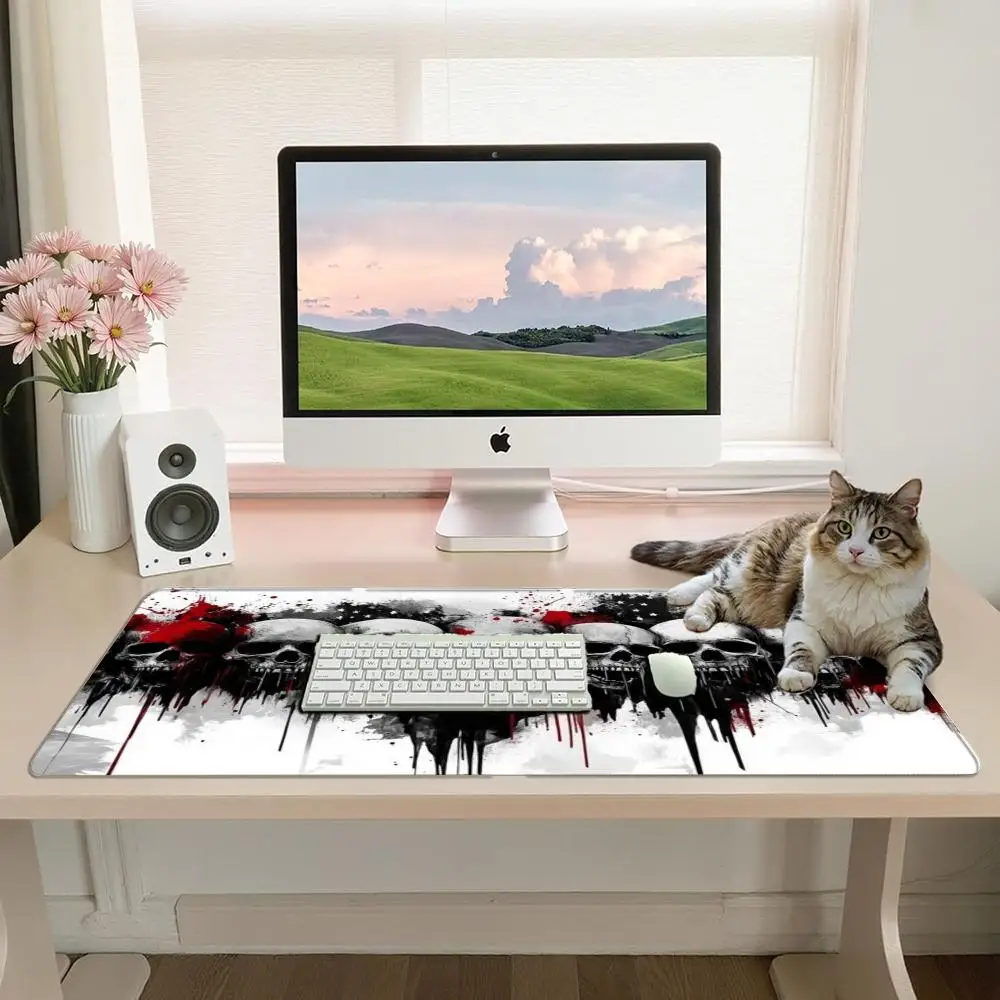Gothic Skull Blood Splash Large Gaming Mouse Pad, Black White Red Dripping Art Extended Desk Mat, Non Slip Keyboard Mat for TCG