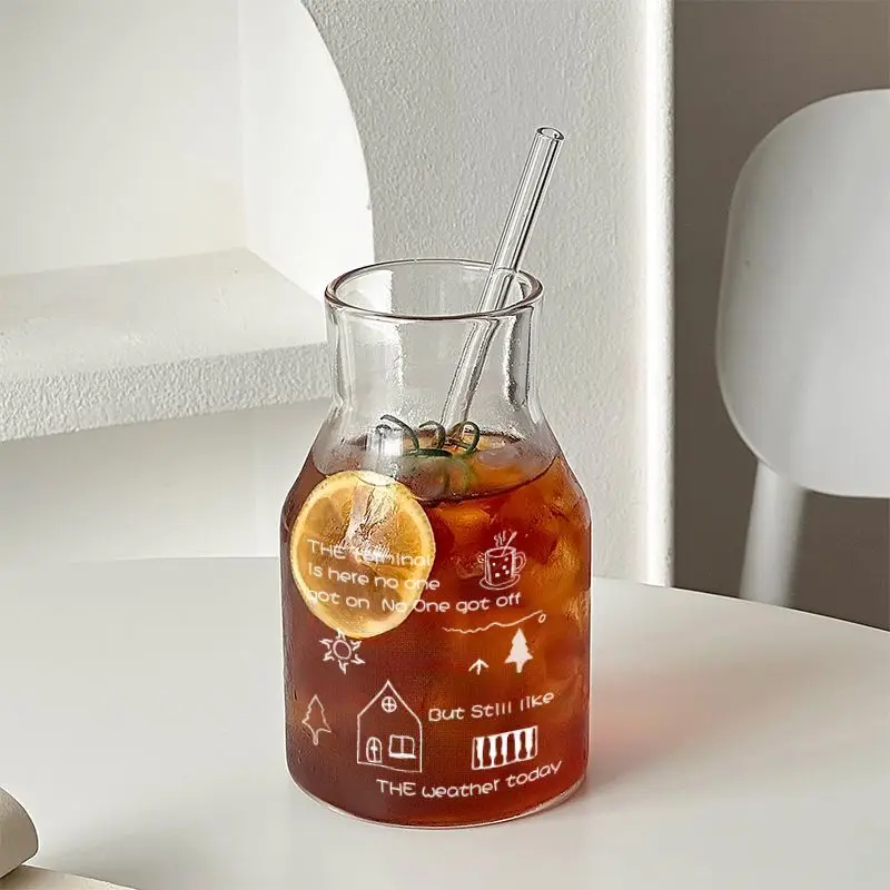 Simple Line Graffiti Glass,650ml Cold Brew Coffee Cup Large Capacity Water Glassware Office Milk Juice Drinkware Gifts