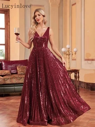 Lucyinlove Lusso Scollo A V Senza Maniche Abito Da Sera Formale Delle Donne 2024 Paillettes Festa di Nozze Prom Maxi Abiti Da Cocktail Abiti