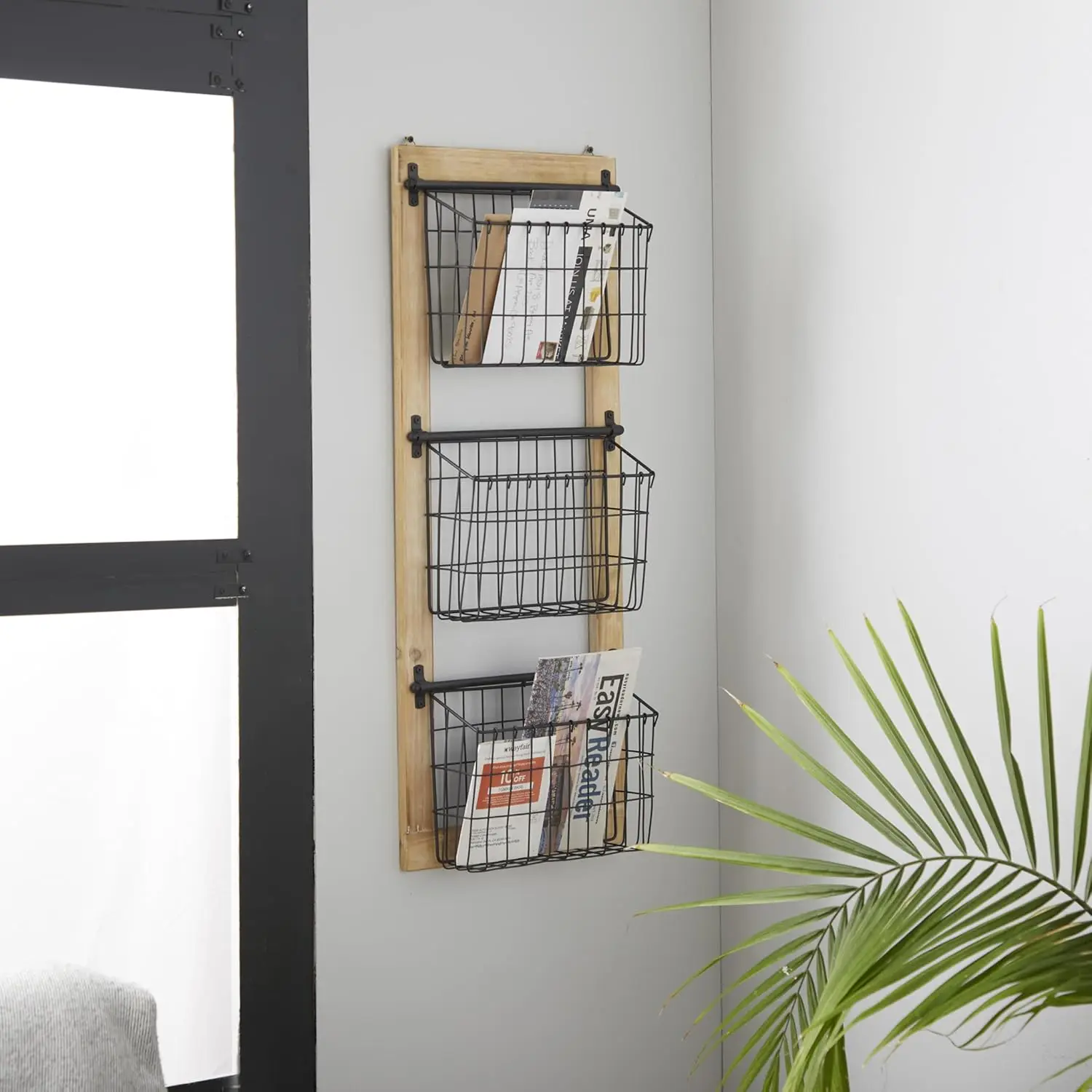 Metal 3 Slot Magazine Rack with Wood Frame and Wire Baskets, Black, 14x5x34 Inches