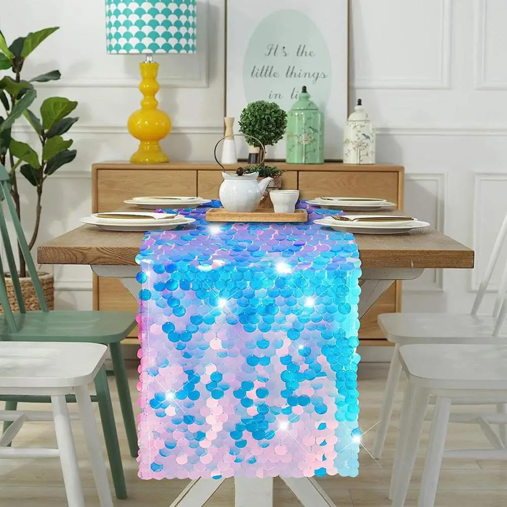 Cubierta de mesa de lentejuelas brillantes, camino de mesa de escamas de cola de sirena, decoración de fiesta de mar oceánico, mesa de comedor para A