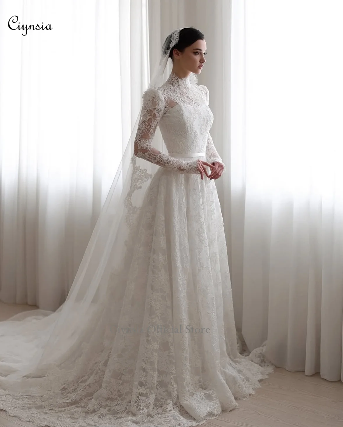 

Элегантное кружевное свадебное платье по индивидуальному заказу, свадебное платье трапециевидной формы с высоким воротом и длинными рукавами для невесты с вуалью Robe De Mariée