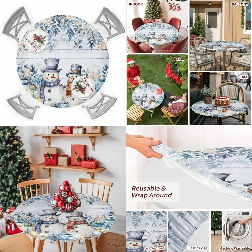 

Cute Snowman Waterproof Tablecloth with Elastic Edge, 55-60 Diameter, Blue Wood Grain, Wipeable