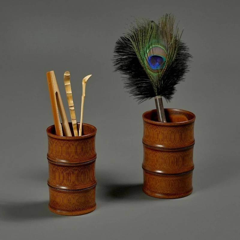 Vintage Chinese Bamboo Pen Holder Natural Three Joint Wooden Desk Organizer Retro Writing Utensil Storage Rack Aesthetic Decor