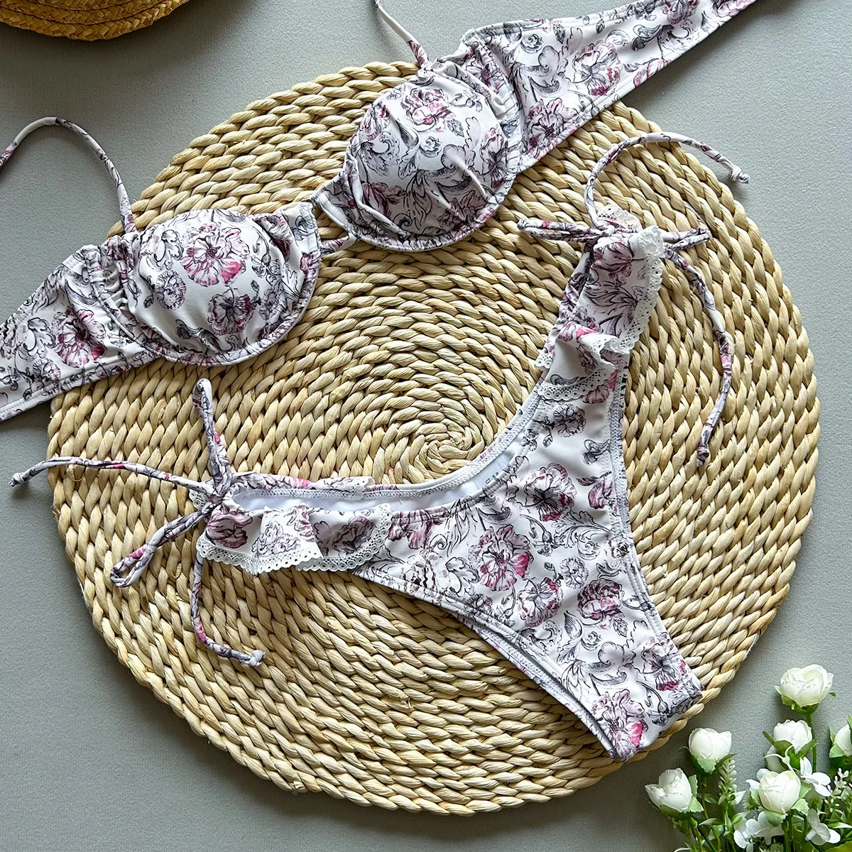 2025 New Sexy Bikinis Printed Lace Split Women's Swimsuit Brazilian Bikini Swimwear Set Beachwear Summer Female Bandage Biquini