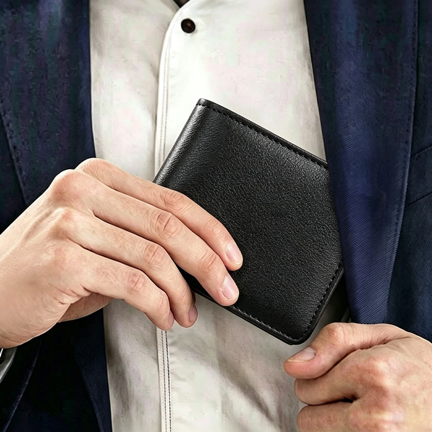 Herren-Geldbörse aus echtem Leder, schlankes Bifold-Modell, leichte, kurze Geldbörse mit 3 Kartenfächern, Ausweisfach und 2 Fächern für Bargeld. – Detail 1