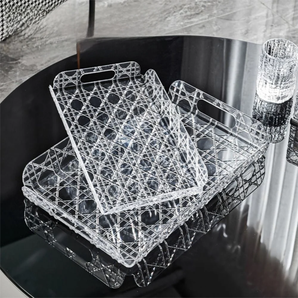 Household Rectangular Storage Tray Light Luxury Transparent Water Cup Storage Tea Tray Countertop Home Decoration Organizer Tray