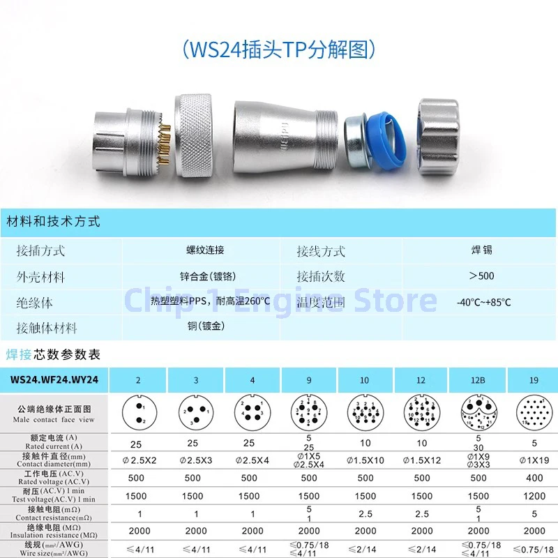 Pro WEIPU WS24 konektor TP TQ TD 2 3 4 9 10 12 19 špendlík pájecí letectví pánský kolíček energie elektrický konektor M24 signál adaptér