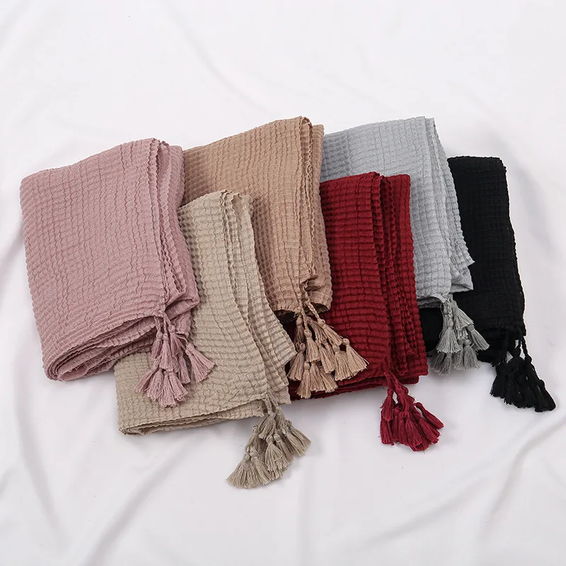 Plain Color Crinkle Cotton Hijabs Scarf Femme Musulman Soft Headscarf Islamic Hijab Shawls Wraps Head Scarves Headband Turban