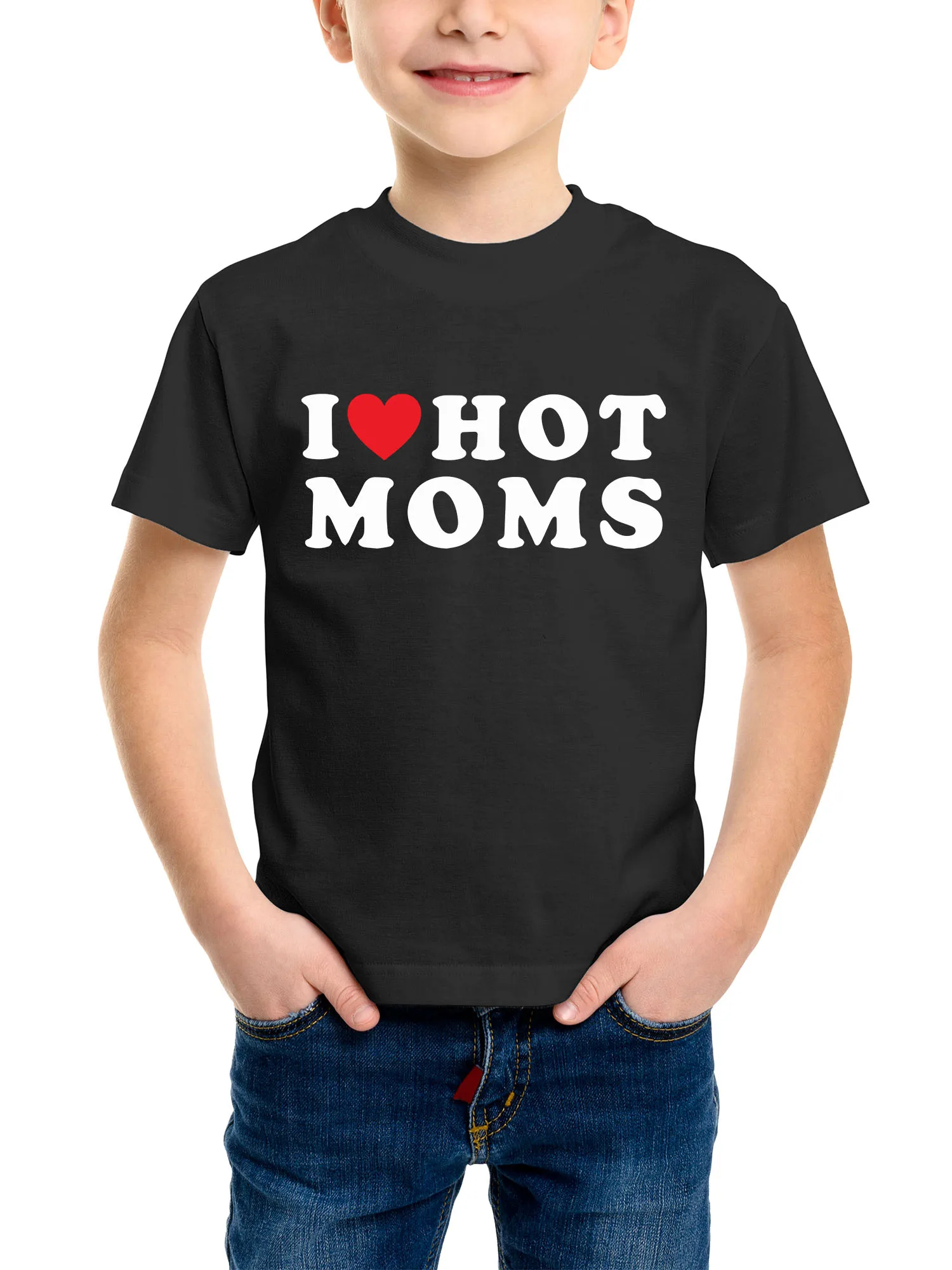 

100% Cotton Ten I Love Hot Moms Red heart Boys Kids Tops Tees Vintage Casual T Shirt Creative Mother's Day Gift Girls