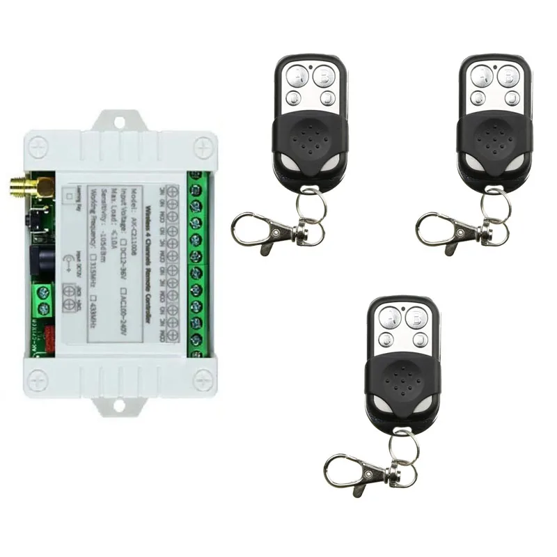 Smart Multiple DC 12V 24V 36V 433MHz 4 CH 4 Channel Wireless 10A Relay RF Remote Control Switch Receiver + 4CH Metal Transmitter