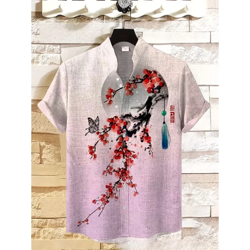 Camisa informal con estampado artístico Phalaenopsis de ciruela japonesa para hombre, ropa informal estilo Hip Hop Harajuku, camisas con botones Hipster, ropa pura