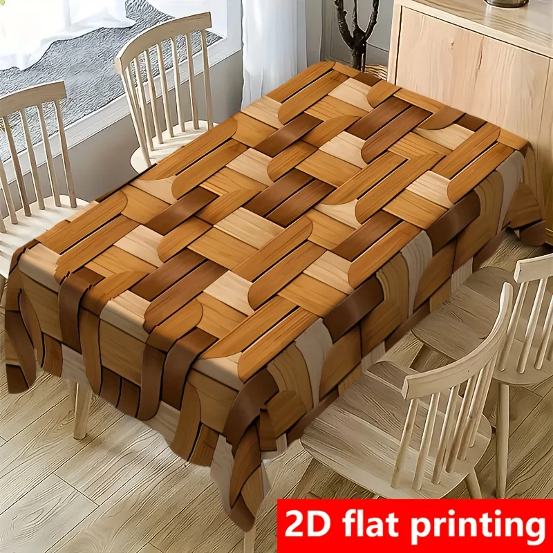 1pc Woven Wood Pattern Tablecloth Brown Beige  Basketweave Print Table Cover For Dining Kitchen Home Decor