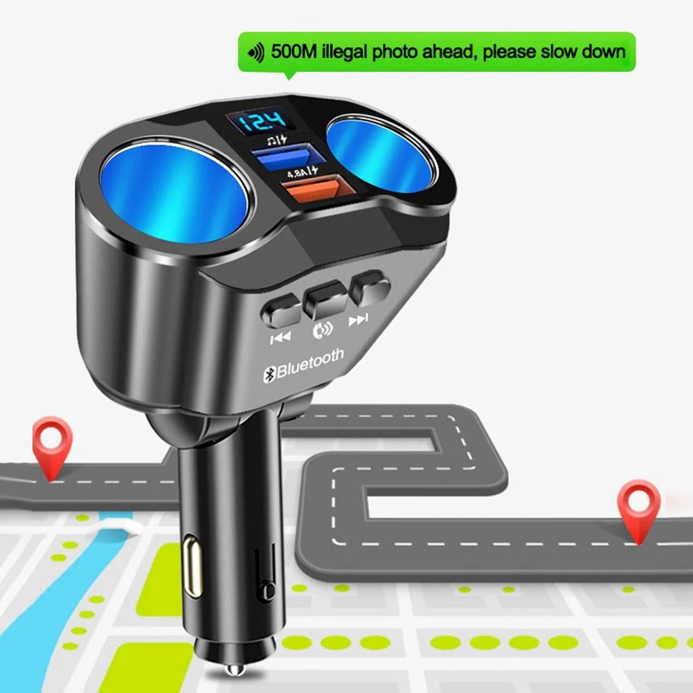 A23F-Dual USB Port Car Charger 2 Way Auto Car Lighter Socket Splitter DC12-24V 4.8A Bluetooth 5.0 MP3 Player With Handsfree