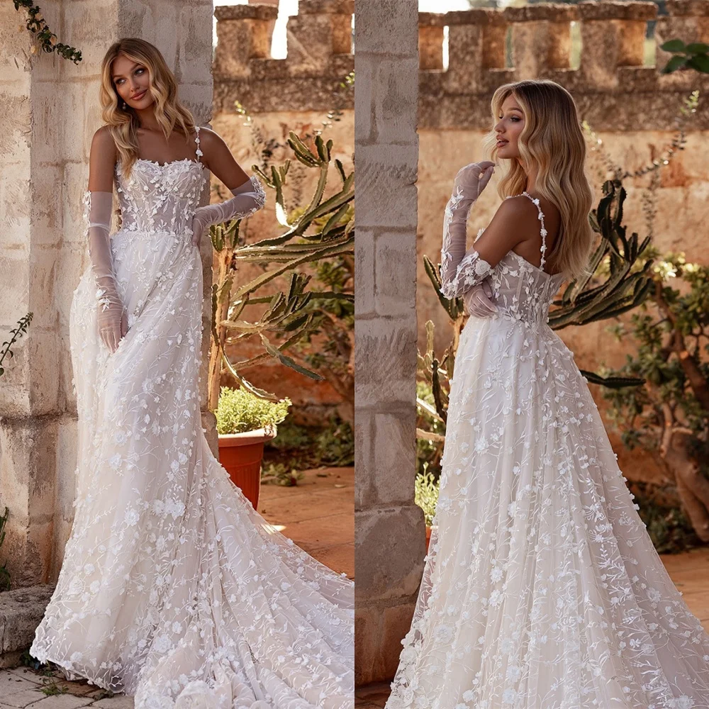 

Customized White Tulle Wedding Dress Elegant Square Collar Spaghetti Straps Bridal Party Classic Zipper Back Vestido De Novia