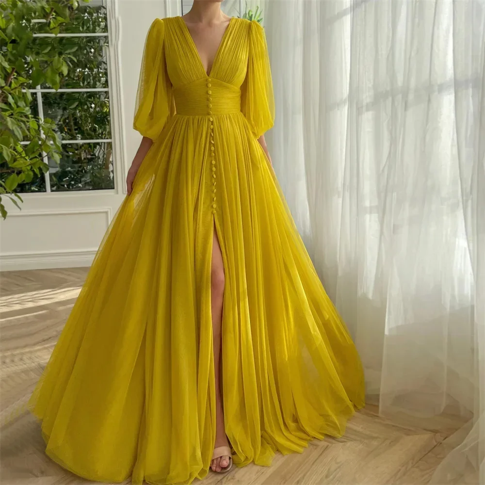 Customized Price Adjustment2024 V Neck 3/4 Sleeve Tulle Evening Dress With High Side Slit Ruffled A Line Floor Length Gown For F