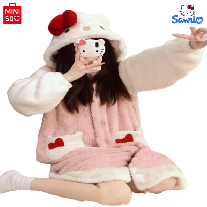 Sanurgente Hello Kitty Anime Cartoon Girls Pyjamas, Cardigan Robe, Fuzzy Kuromi, Kawaii Capes, Everaks Hooded Ponchos, Couple Gifts