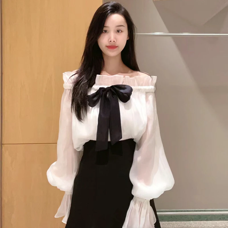 

Sweet Sle Pure Color Knot One oulder Thin Veil Two-Way Wear irt Women's Straight Tube Long Sve Breathable