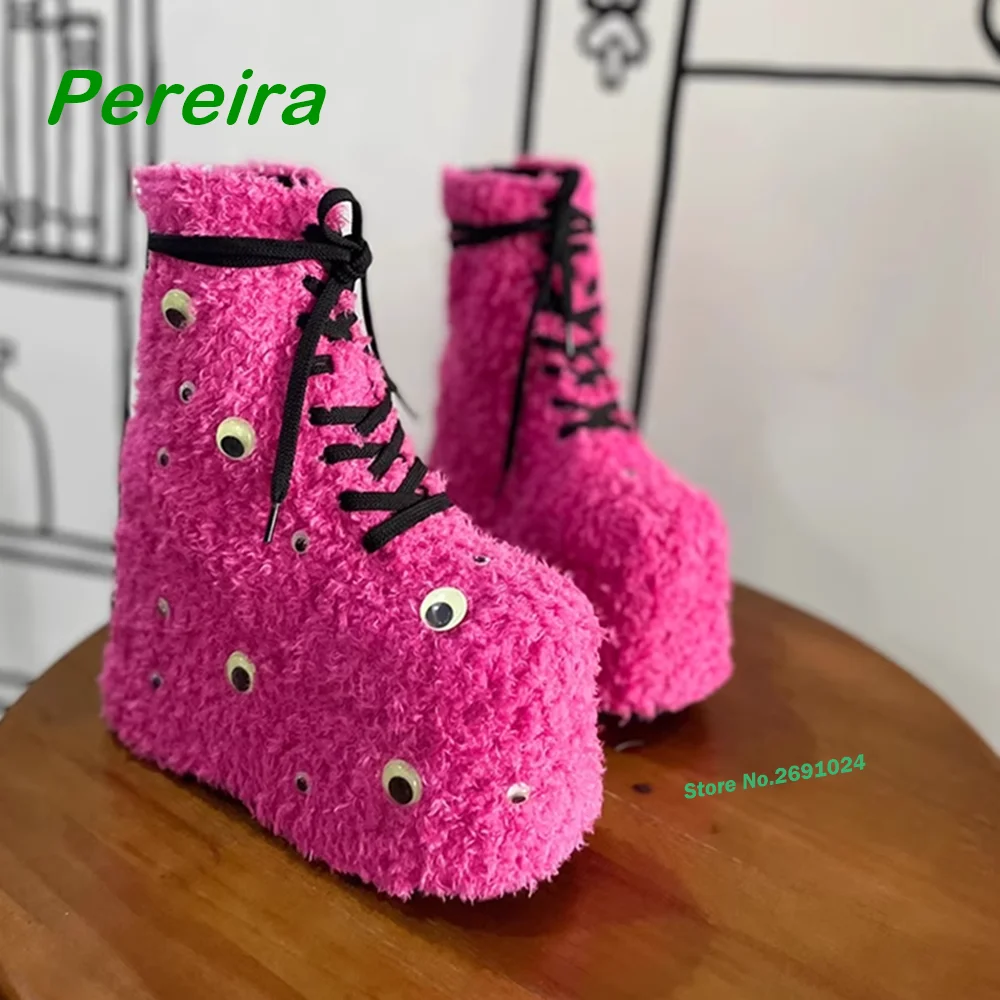 Pink Plush Eyes Decor Ankle Boots Platform Wedges Super High Heels Women\'s Boots Round Toe Cross Tied Lace-Up Winter Shoes Sexy