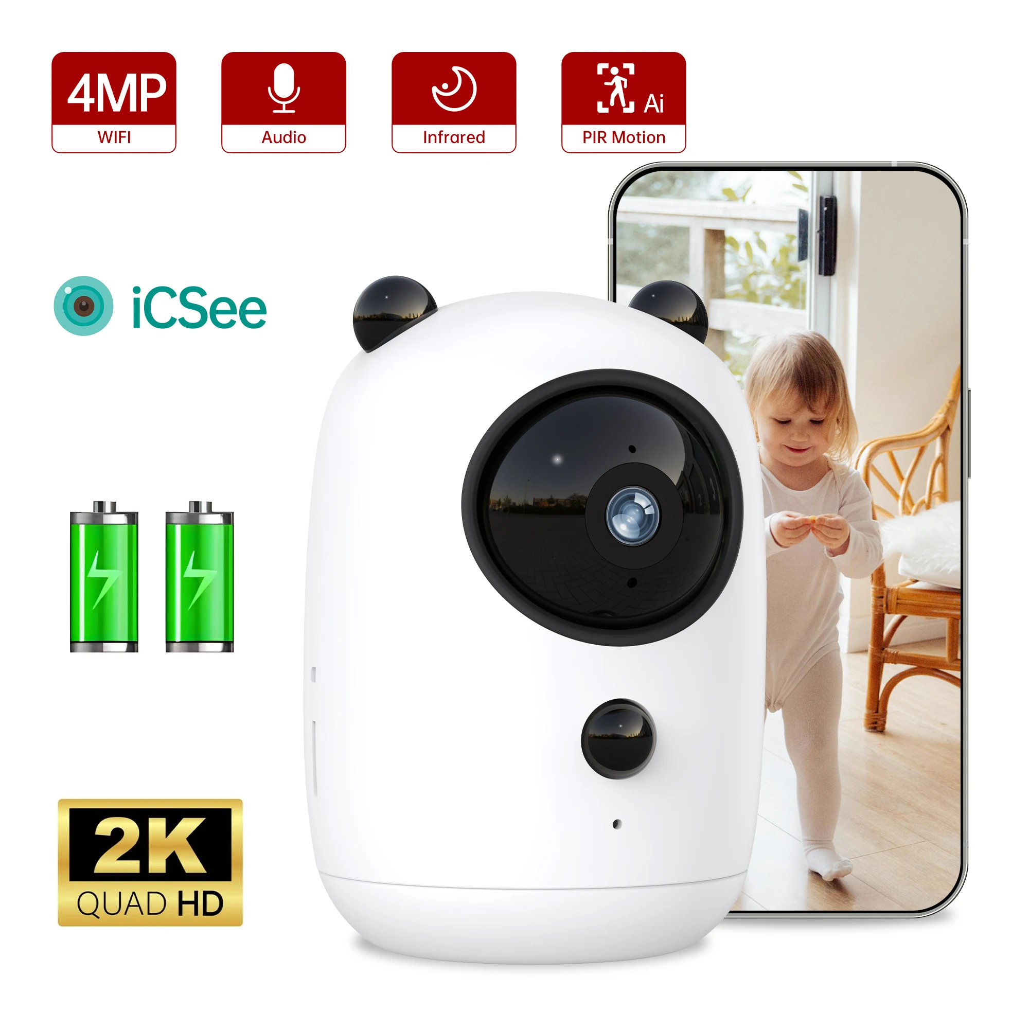 

2K Wireless Battery Camera 5200mAh Wifi 4MP Indoor Home Security Protection IP CCTV Camera Ai Human Tracking Baby Monitor ICSEE