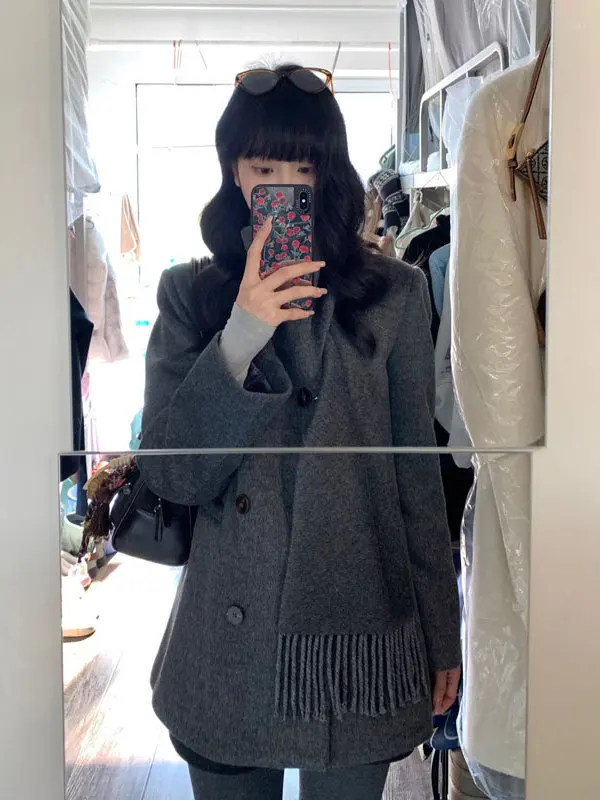 

Шерстяное пальто в корейском стиле, модное, свободное, женское, зимнее, с высоким воротником, на двух пуговицах, однотонное