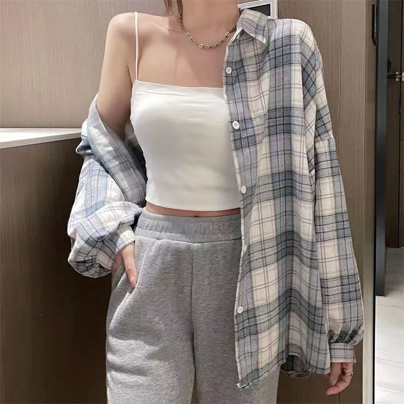 Xpqbb Plaid Shirt Women Autumn Vintage Long Sleeve Single Breasted Blouse Ladies Harajuku Preppy Style Loose Check Shirts Woman