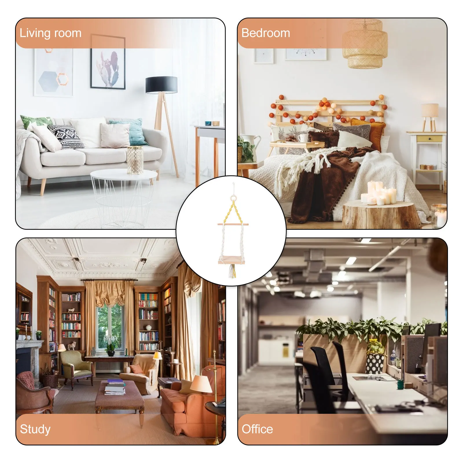 رف معلق على الحائط من حبل القطن: رف تخزين بوهو مصنوع يدويًا من نسيج مكرامية لغرفة المعيشة وغرفة النوم وإطارات الصور على الحائط