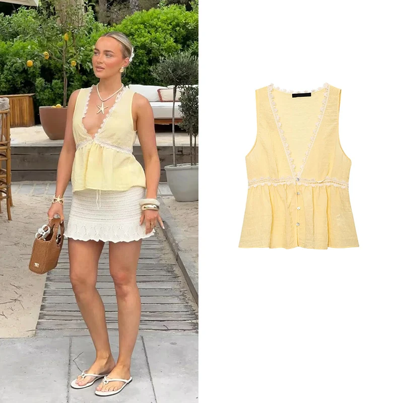 

Summer Tops Women's 2025 New Chic Lace Slim V-neck Summer Travel Women's Tank Tops Street Fashion Youth Joker Holiday Tops