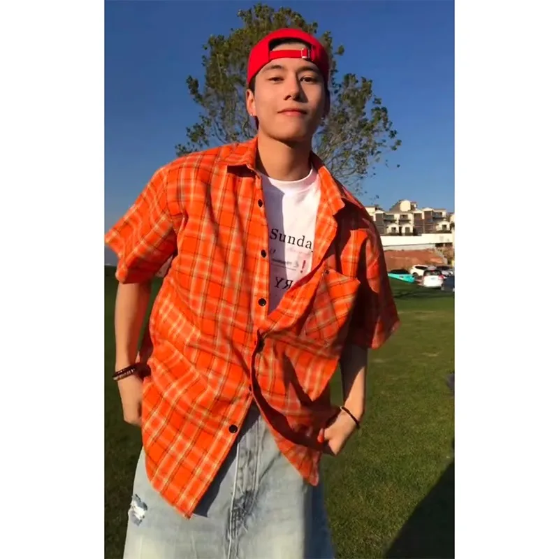 

American Sle Orange Plaid ort Sve Casual irt Мужские летние свободные универсальные высококачественные ощущения Cool Dopane irt