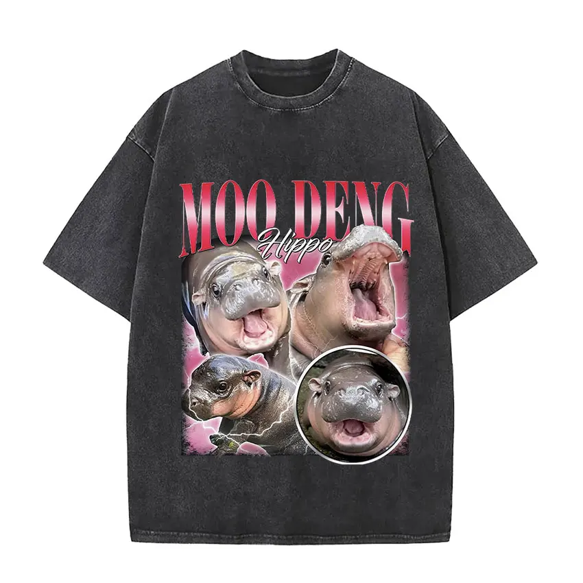 

Moo Deng Hold on I'm Overstimulated Funny Meme T Shirt Baby Hippo Vintage Washed Men Women T-shirts Y2k Gothic Clothing T-shirt