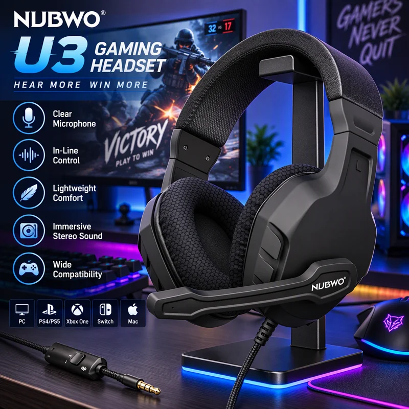 NUBWO U3 Gaming Headset Wired Over-Ear with Mic for PC PS4 PS5 Xbox Mac Switch Lightweight In-Line Control Pro Stereo Headphones