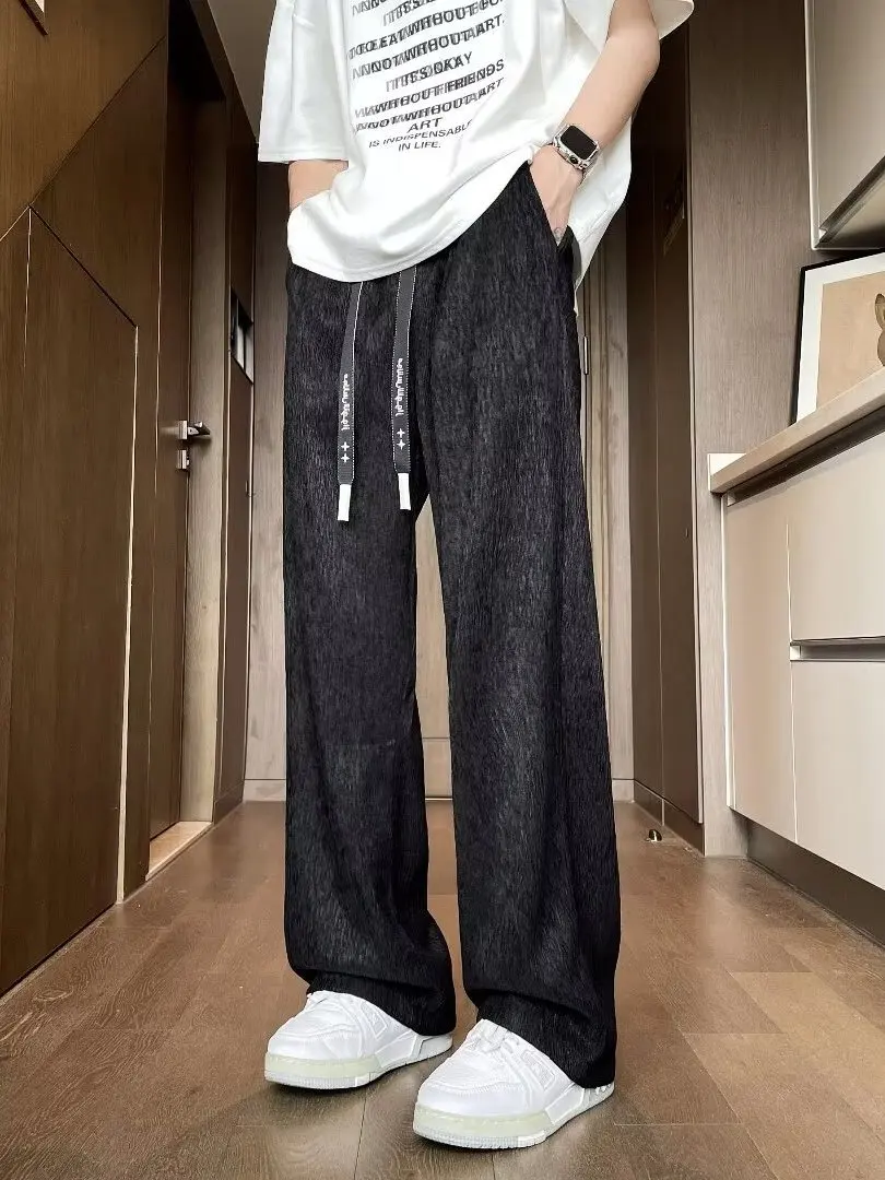 

Повседневные брюки из ледяного шелка, мужские летние тонкие свободные прямые брюки, драпированные широкие длинные брюки, молодежные брюки с корой дерева, молодежные Vitali Sle