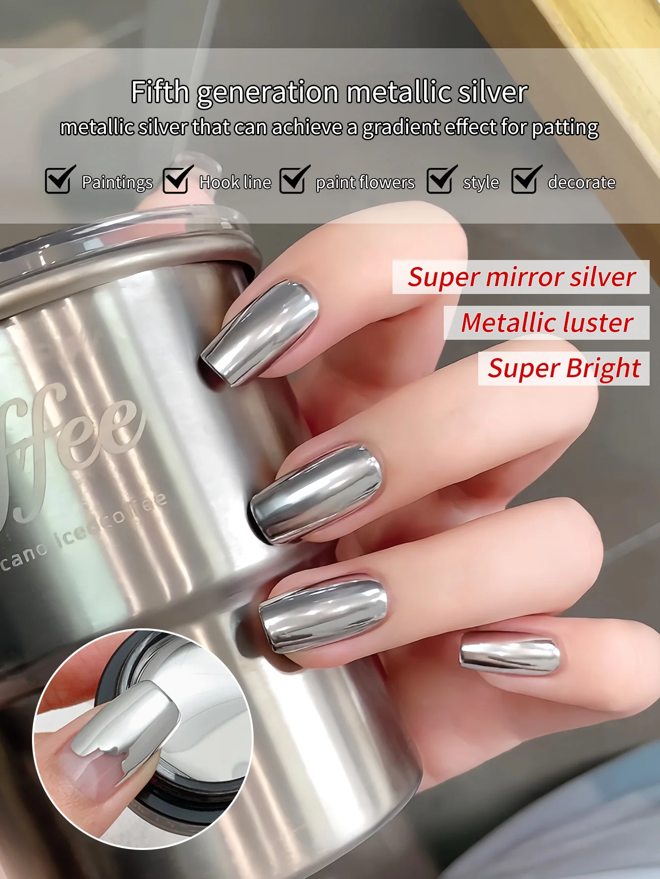 

5ml Mirror Silver Metal Silver Pat Gel Canning Nail Polish UV LED French Gradient Liquid Blending Super Bright Nail Salon DIY