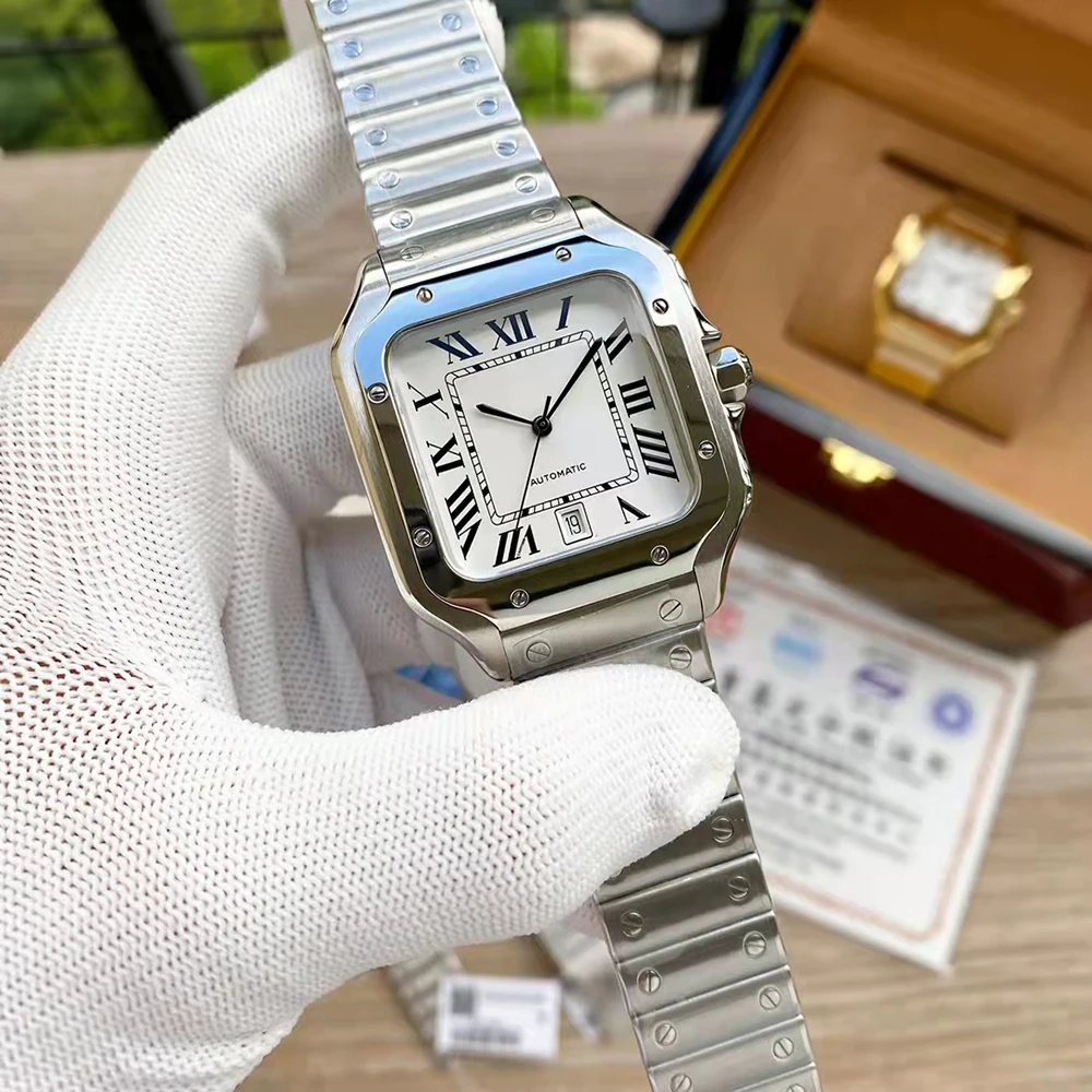 Relojes de pulsera de marca para hombre y mujer, reloj de lujo con banda de acero de buena calidad mecánico automático cuadrado de 37,5mm y 34mm CT39